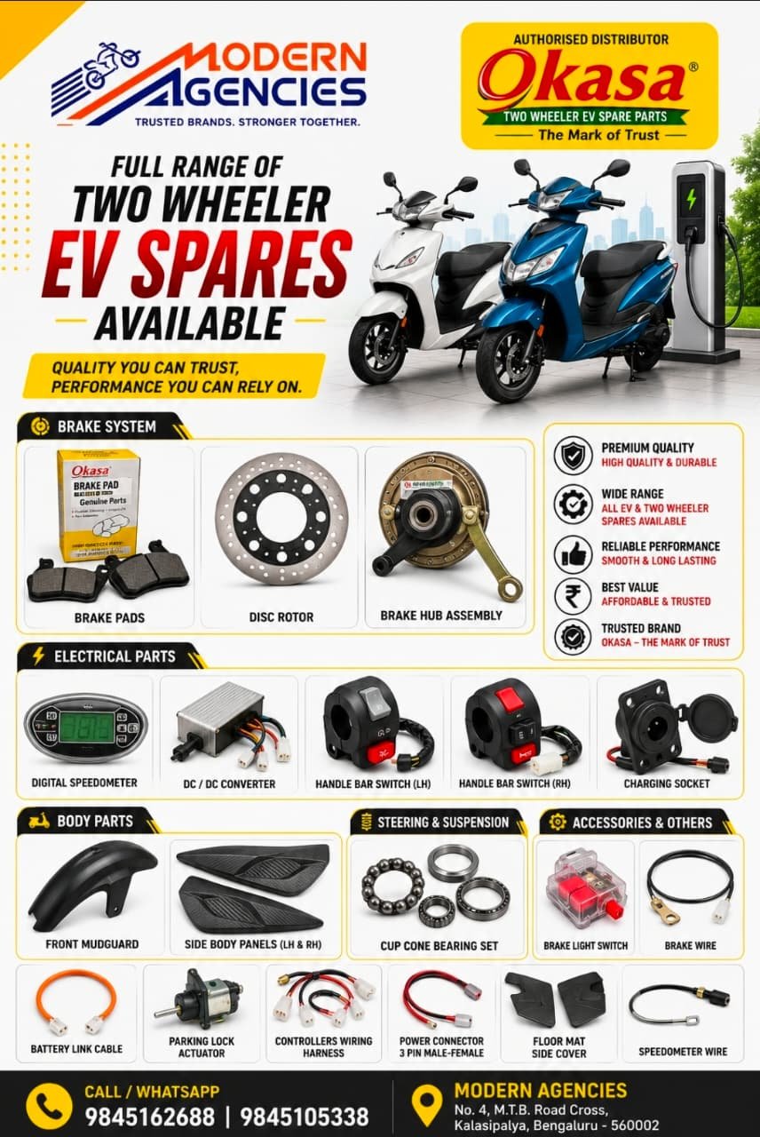 Modern Agencies and Okasa two-wheeler EV spare parts promotional poster